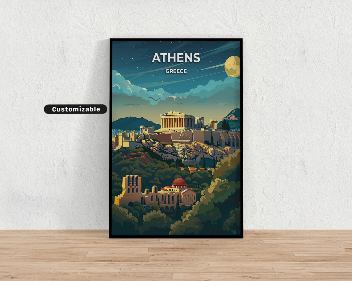 Athens Greece Night Travel Poster Moonlit Acropolis Parthenon
