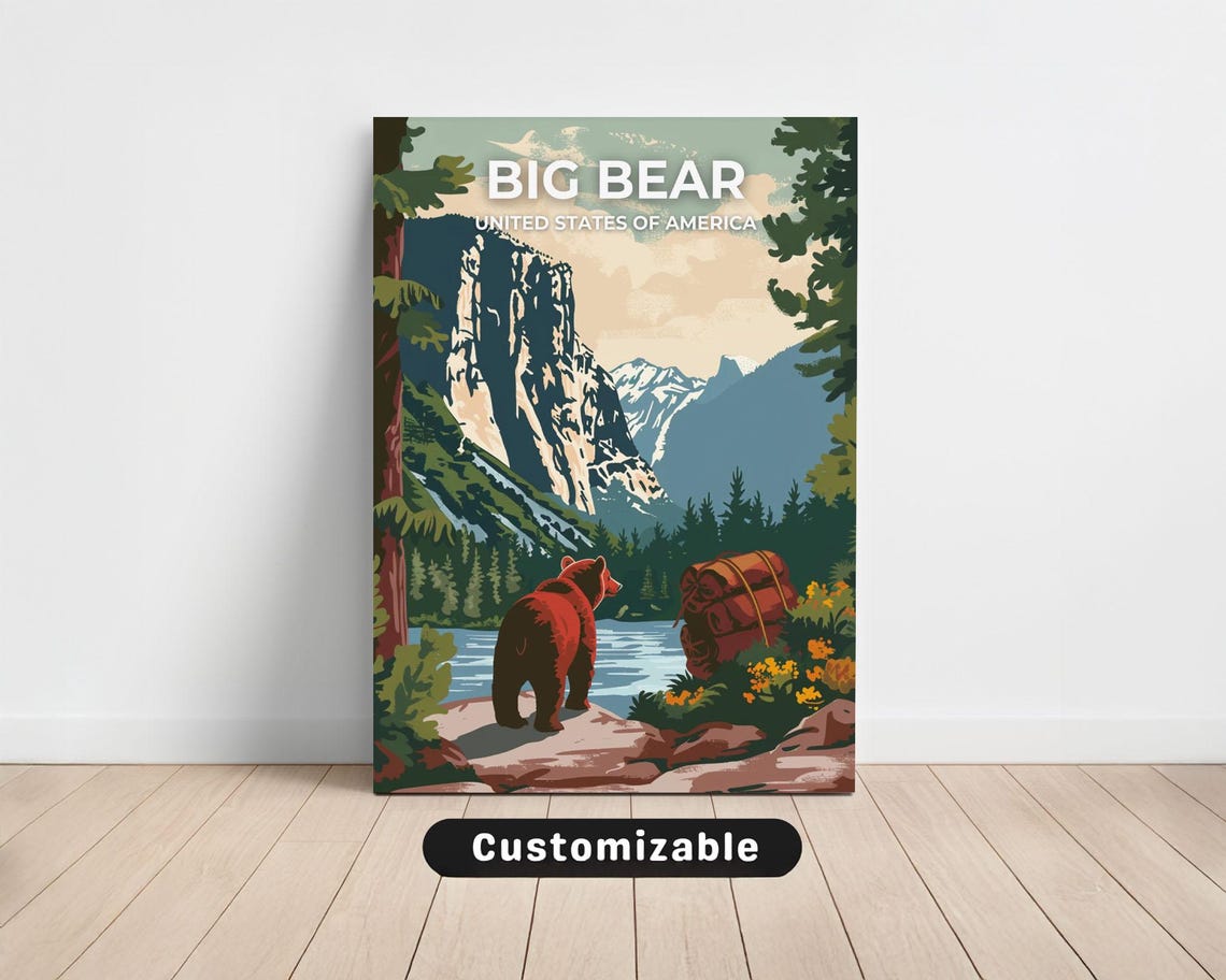 Big Bear California Mountain Lake Bear Retro Travel Art Poster
