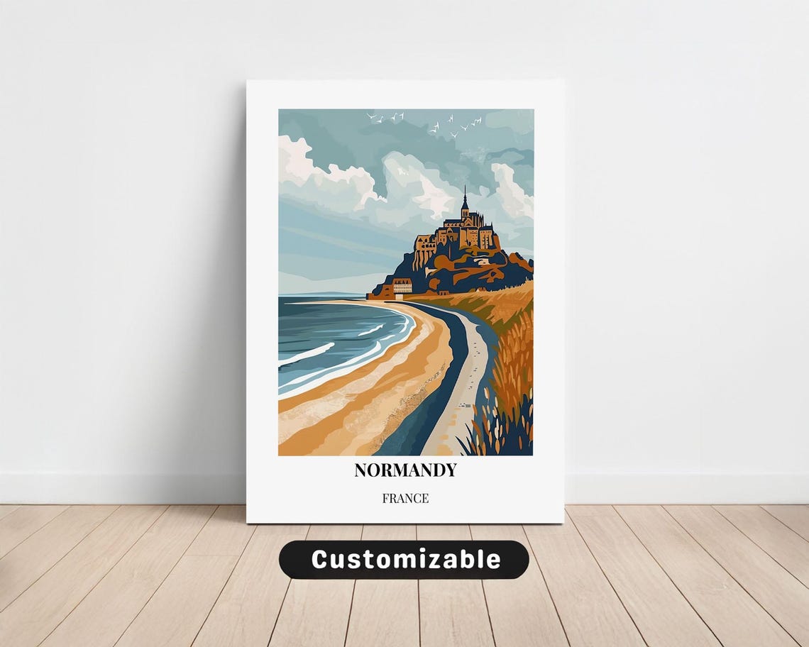 Normandy France Mont Saint Michel Abbey Beach Retro Travel Poster