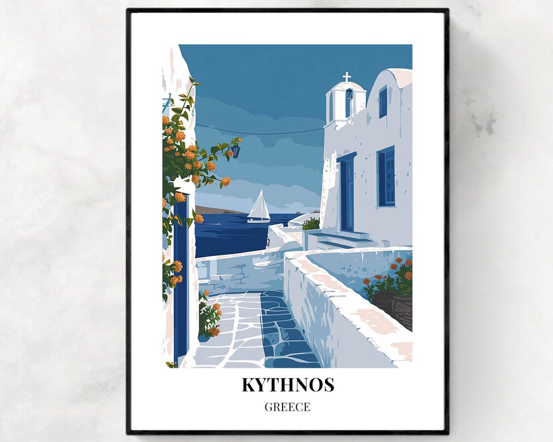 Kythnos Greece Whitewashed Lane Sailboat Scene Travel Poster
