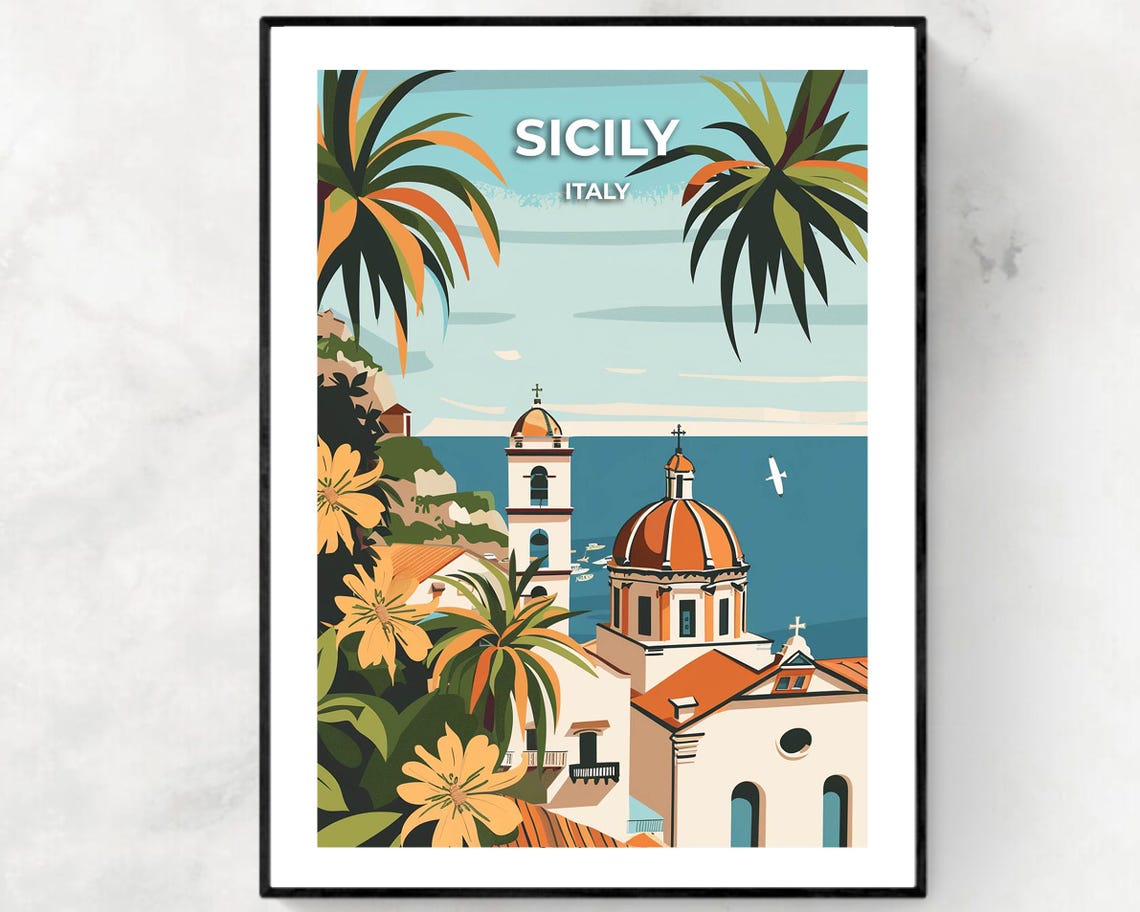 Sicily Italy Coastal Church With Terracotta Dome And Palm Trees Poster