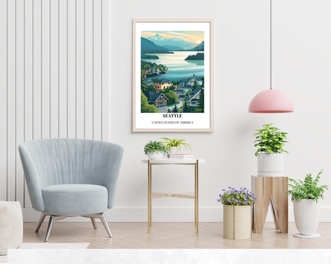 Seattle Washington Mountain Lake Town Bottom Caption Travel Poster - Image 2