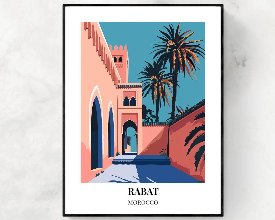 Rabat Morocco Pink Palace Courtyard Palm Trees Scene Travel Poster
