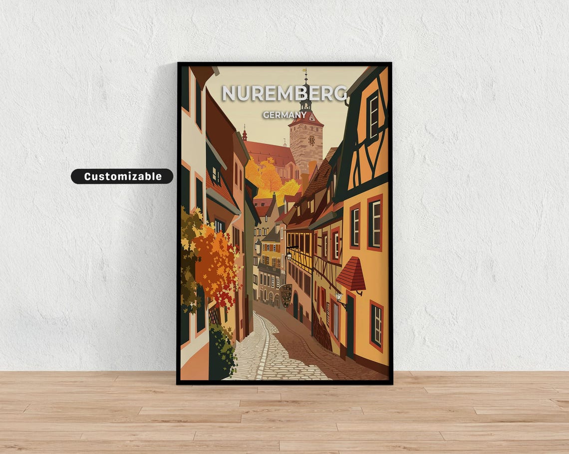 Nuremberg Germany Travel Poster Cobblestone Half Timber Street