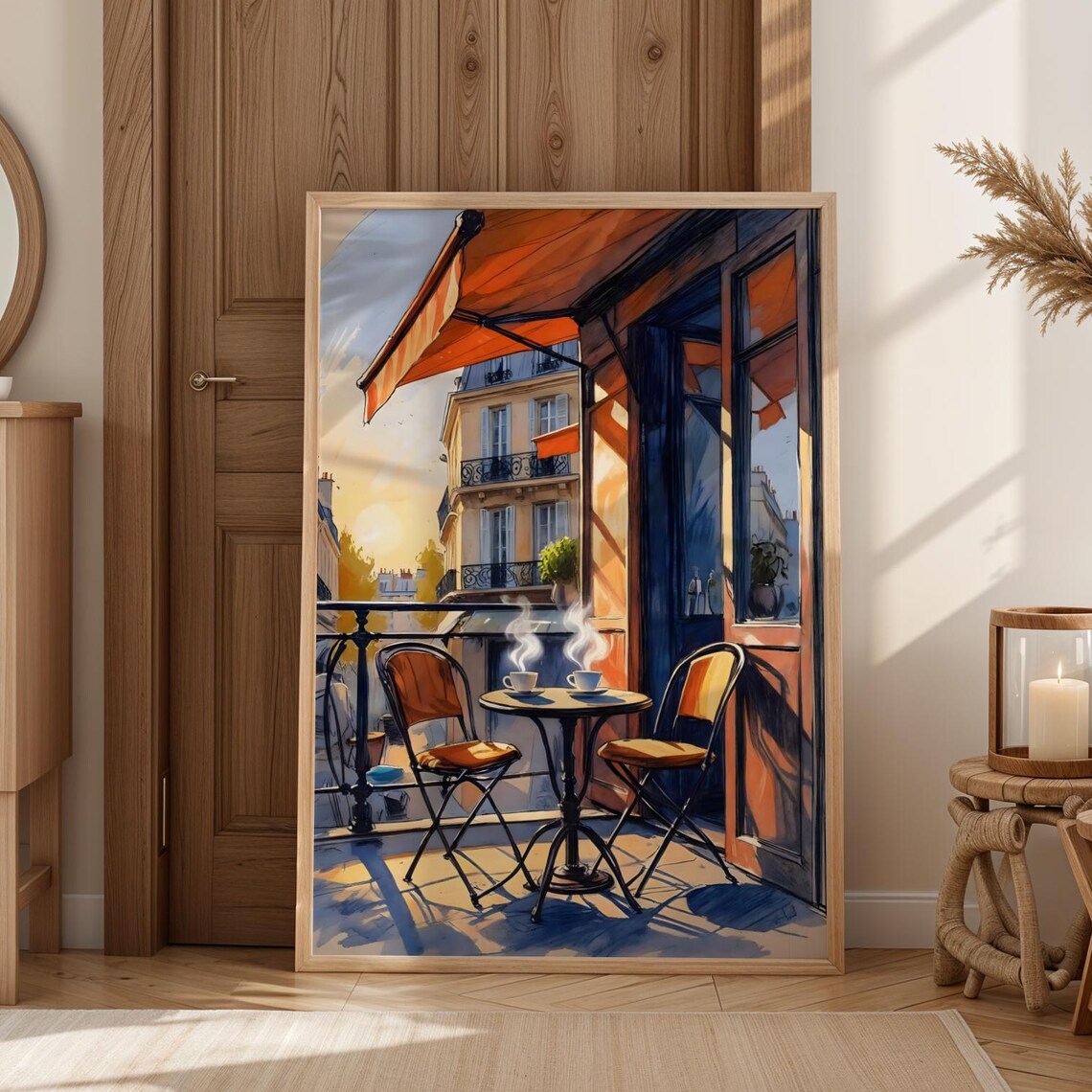 Paris Balcony Coffee Print, Romantic Sunrise Art Print