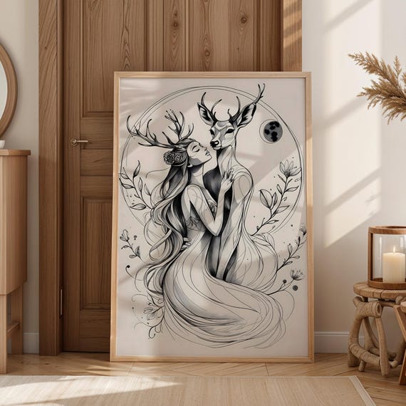 Mystical Boho Wall Art Woman And Deer Line Drawing Print