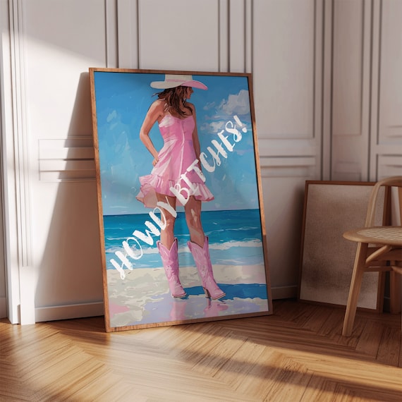Howdy Bitches Pink Cowgirl Boots Beach Funny Typography Wall Art