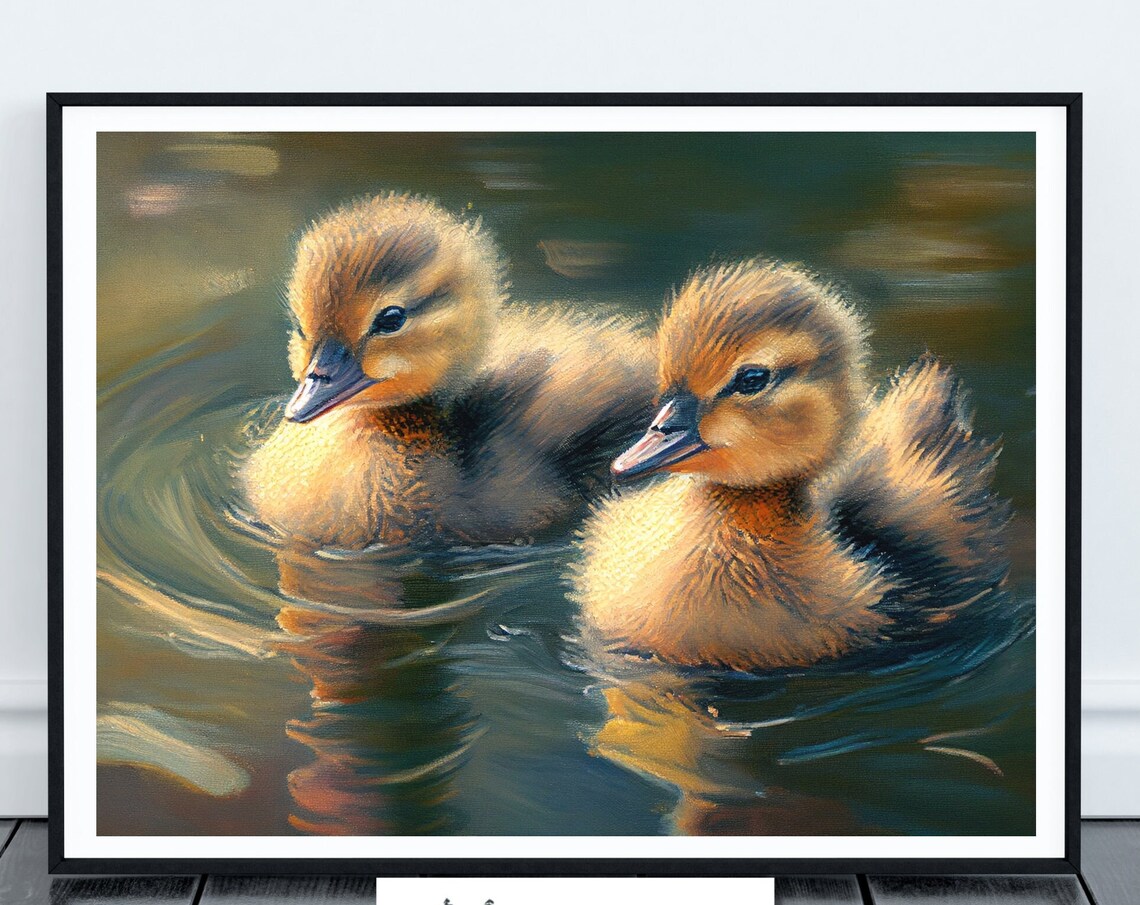 Two Baby Ducklings Swimming Close Up Realistic Animal Painting Poster