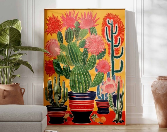 Colorful Mexican Cactus Folk Art Style Blooming Cactus Poster