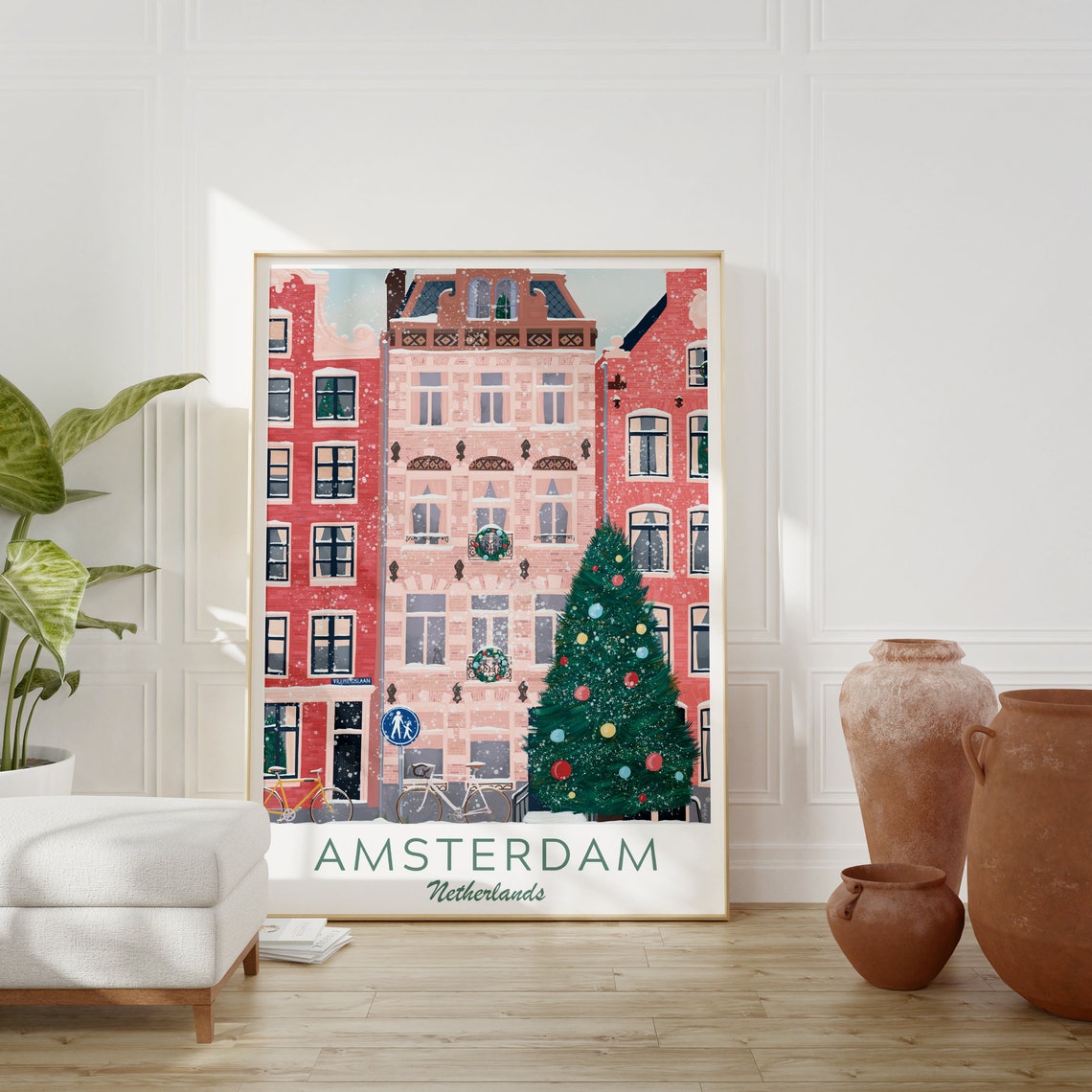 X Mas In Amsterdam City Illustration Christmas Amsterdam Travel Poster Holland Christmas Travel Print Amsterdam Holiday Gift - Image 2