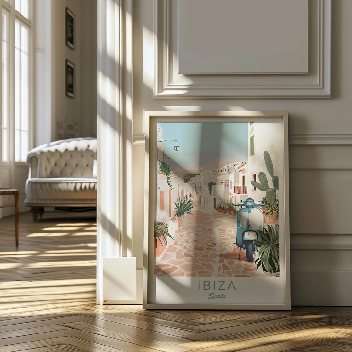 Ibiza Spain Whitewashed Old Town Street Vintage Scooter Poster - Image 4