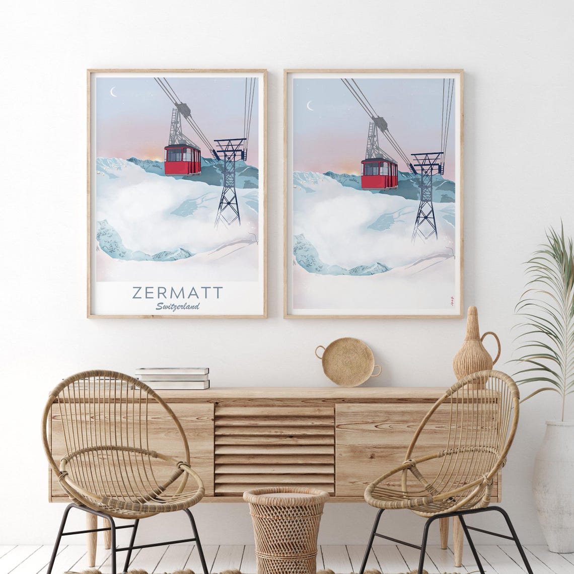 Zermatt Switzerland Red Cable Car Snowy Alps Dusk Travel Poster - Image 2