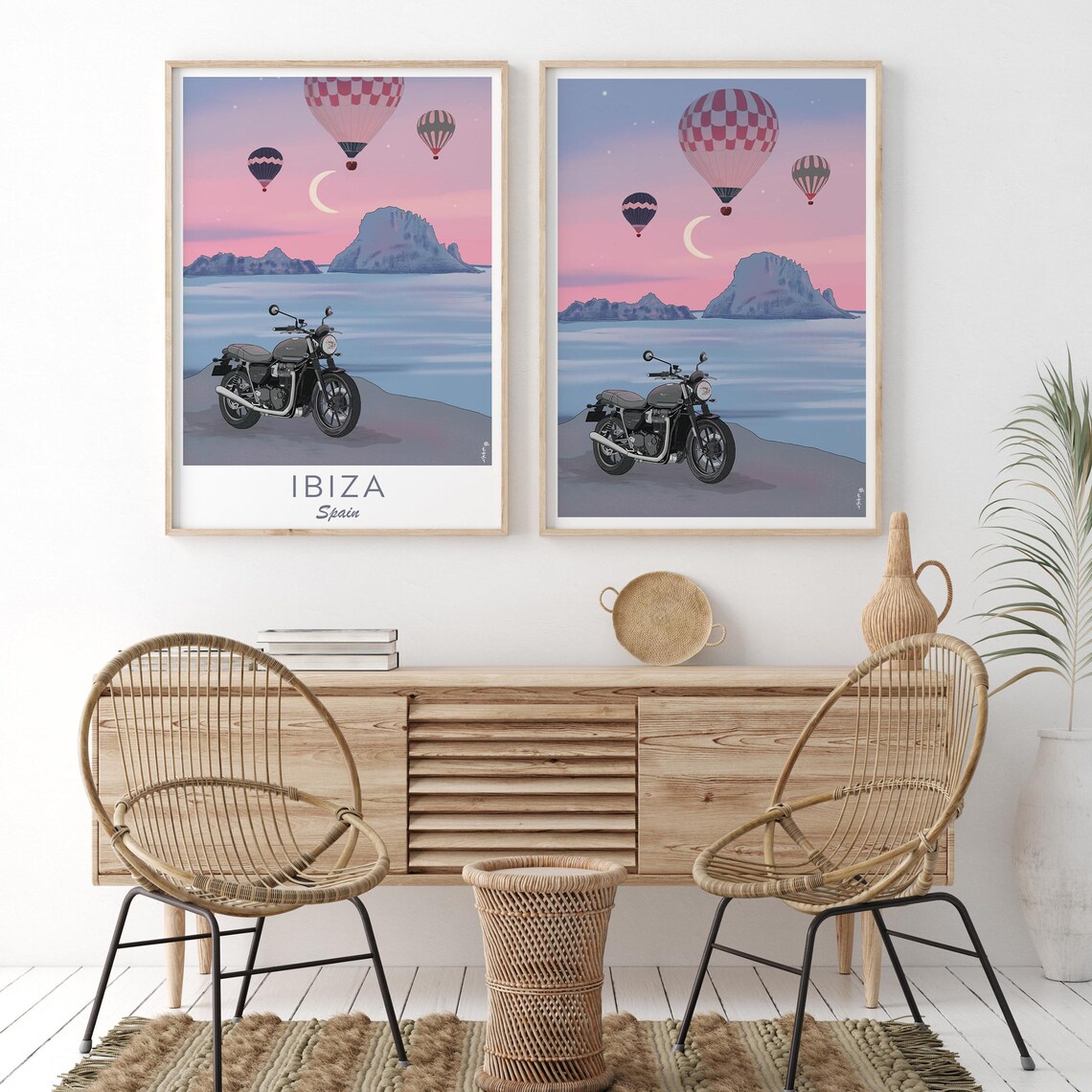 Ibiza Spain Sunset Motorcycle Beach Hot Air Balloons Moon Poster - Image 3