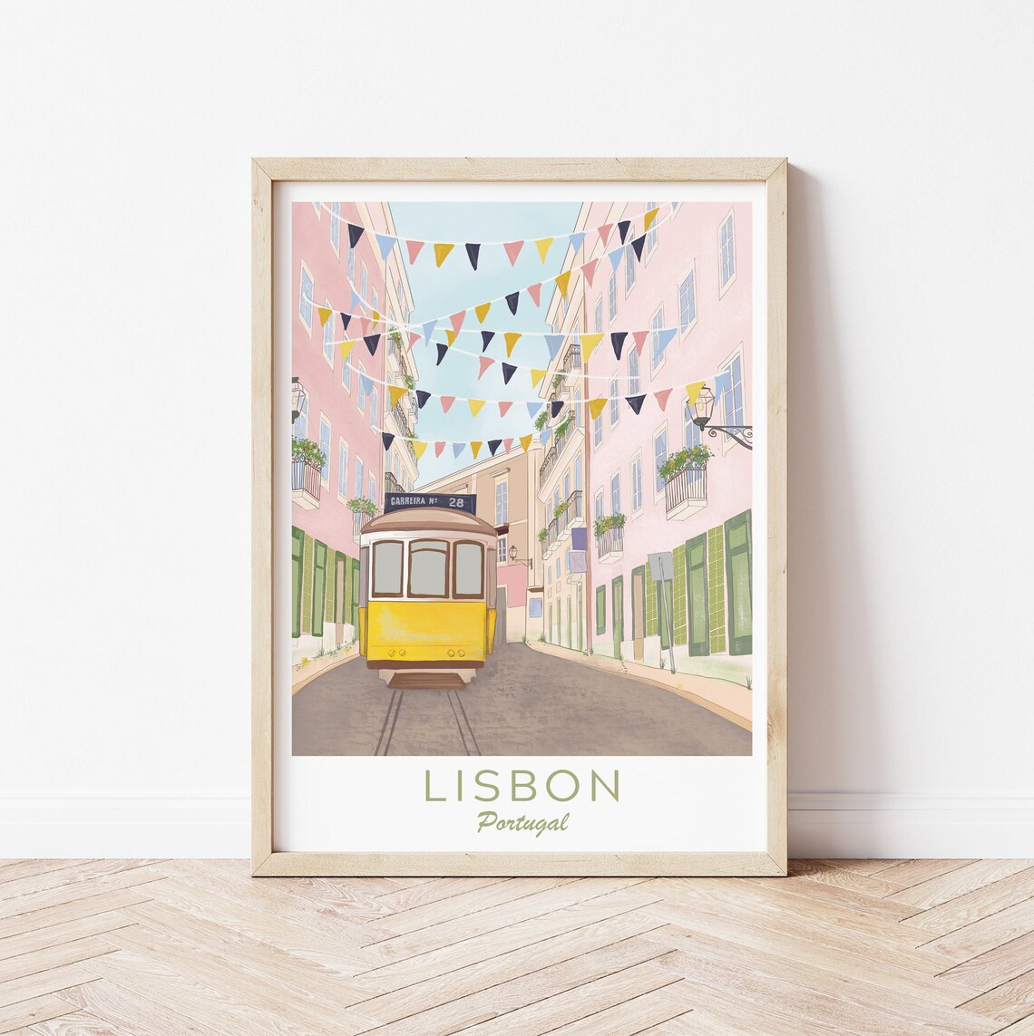 Lisbon Portugal Yellow Tram 28 Pink Street Bunting Flags Poster - Image 2