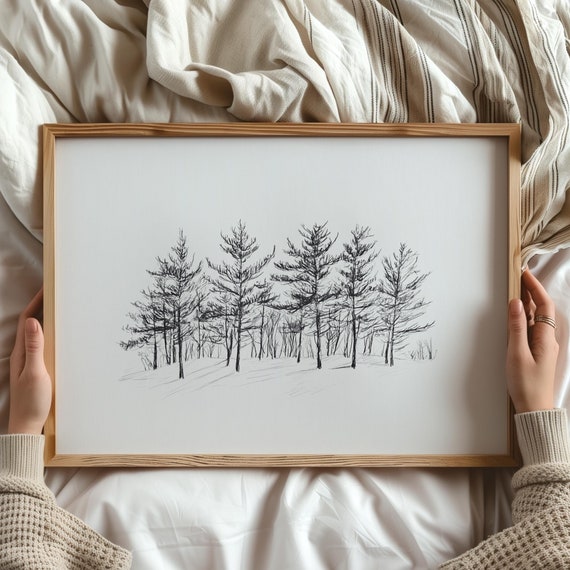 Minimalist Winter Tree Line Art Wall Black And White Forest Drawing Modern Rustic Decor For Bedroom Or Office