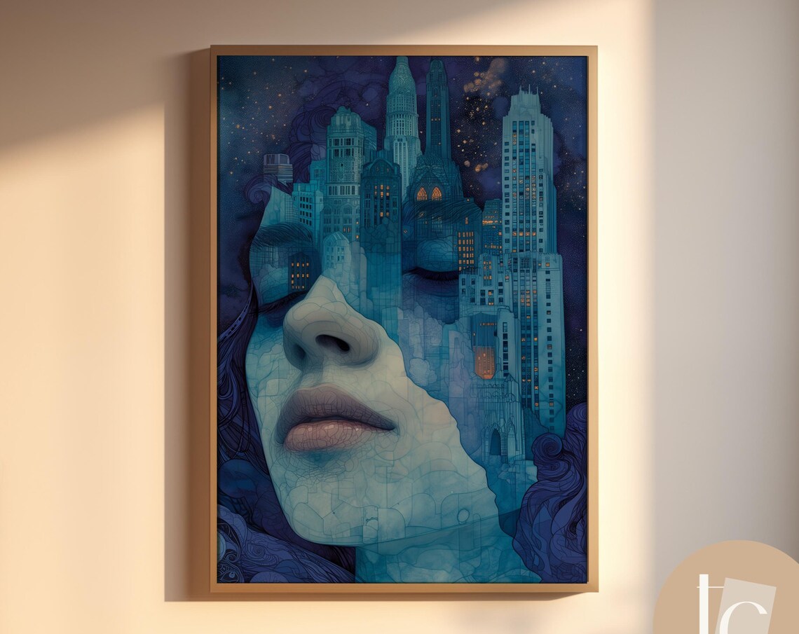 Woman Face Double Exposure Blue City Skyline Art Nouveau Dream Poster