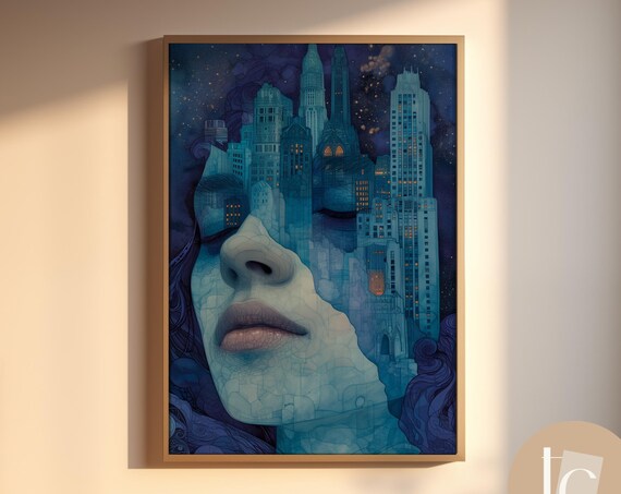 Abstract Painting City Woman Face In Blue Art Print Modern Figurative Canvas Artist Original Wall Home Decor