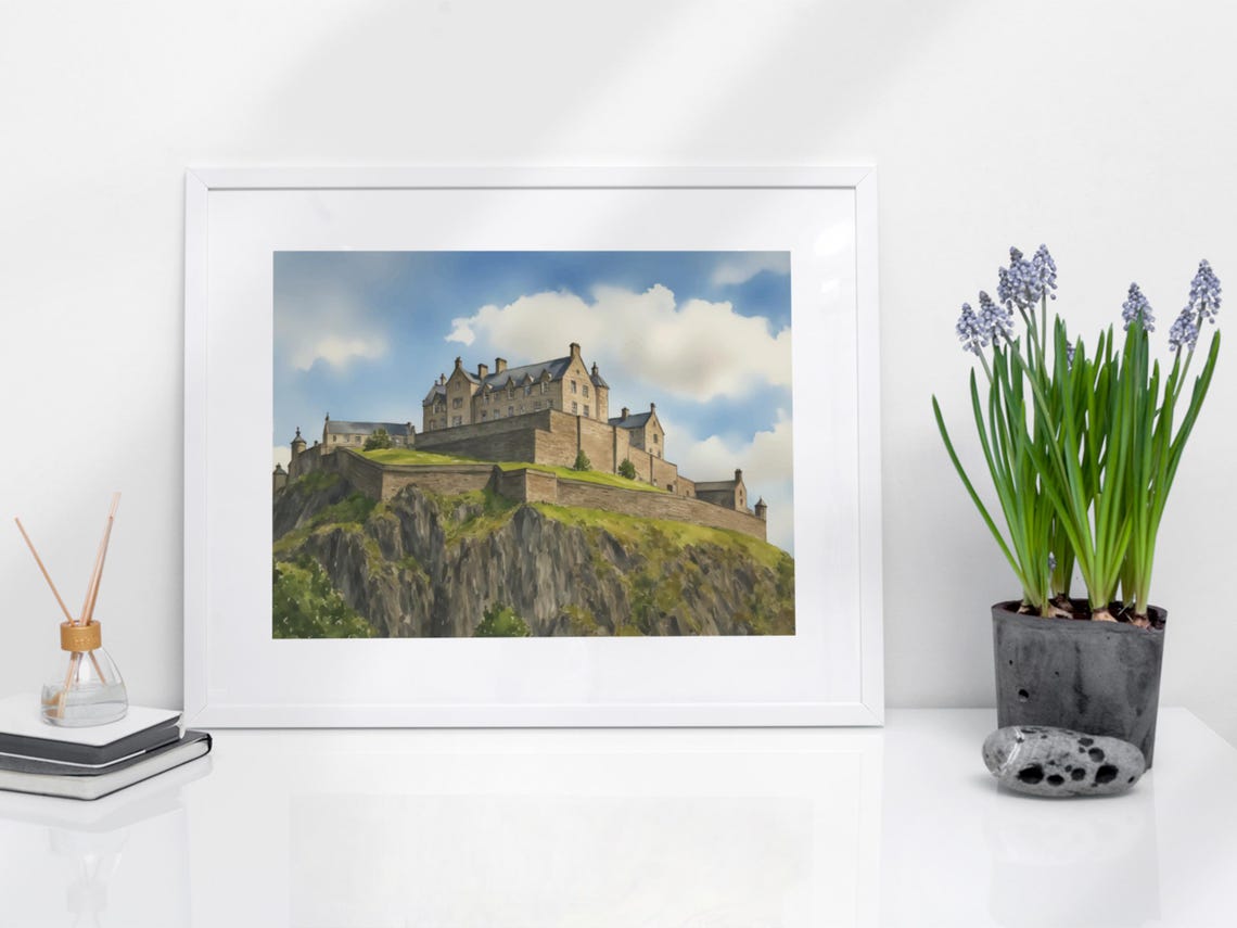 Edinburgh Castle Watercolor On Rocky Crag Scotland Travel Poster