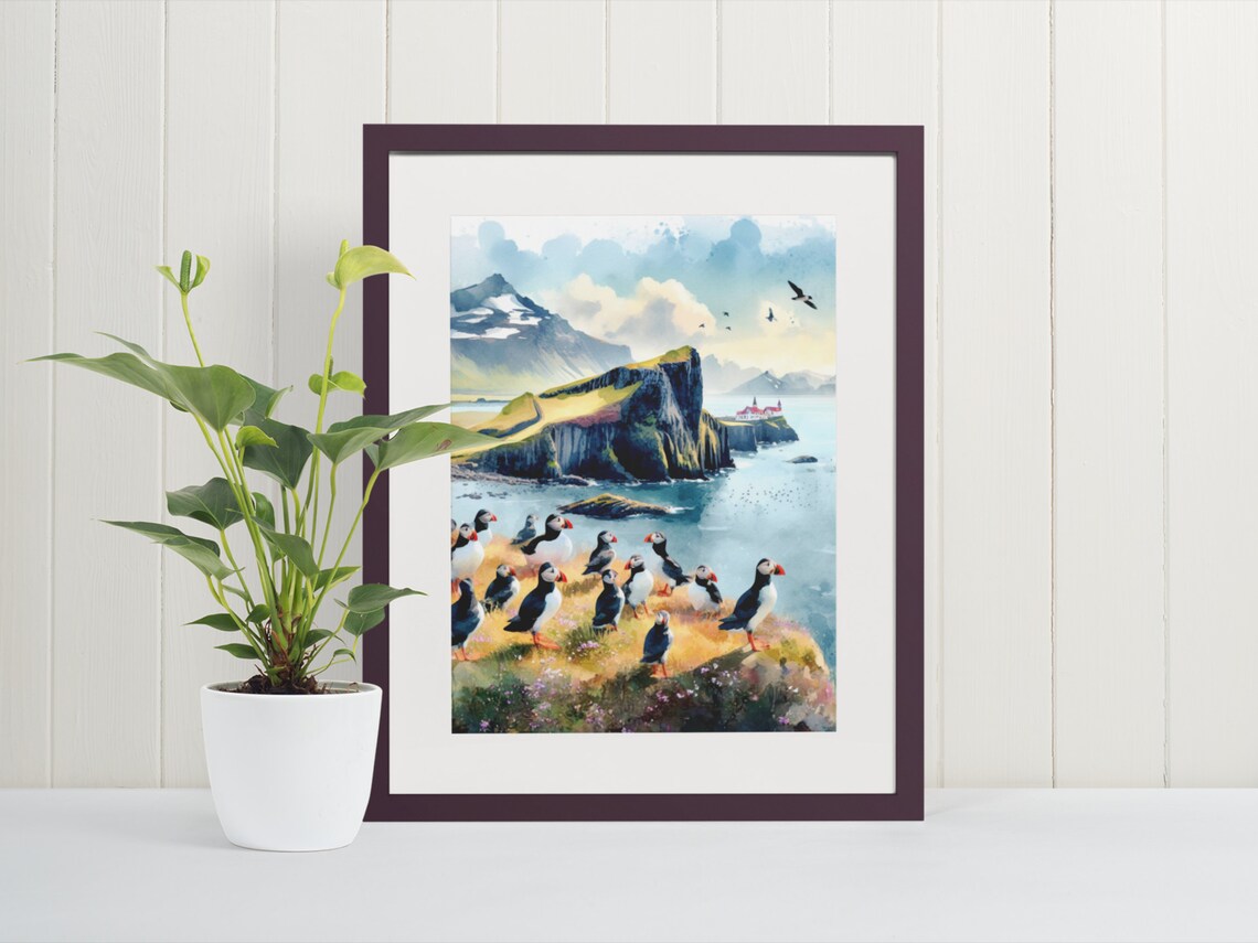 Vik Iceland Watercolor Art Print, Reykjavik Puffin Island