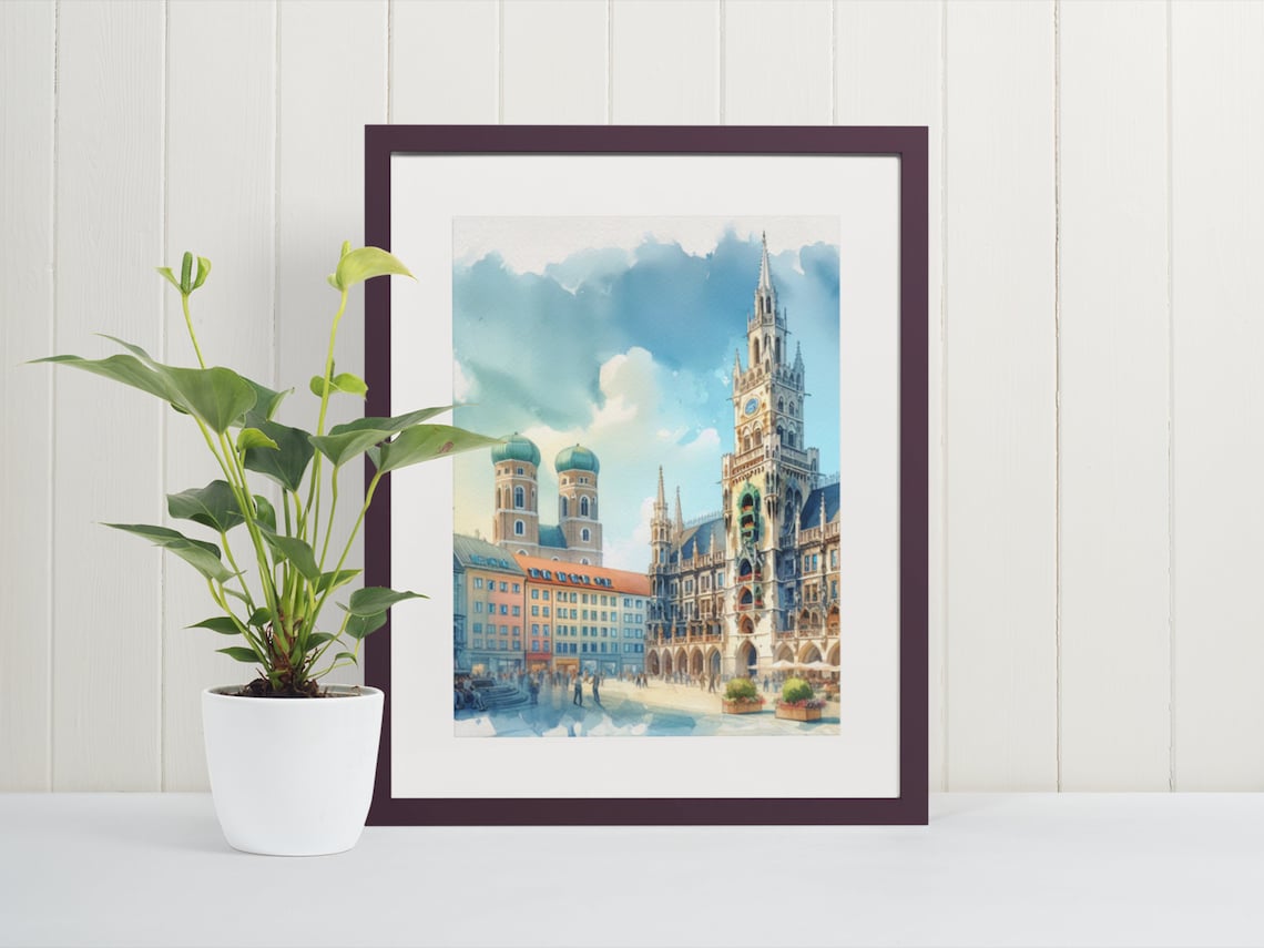 Marienplatz Watercolor Art Print, Munich Travel Poster