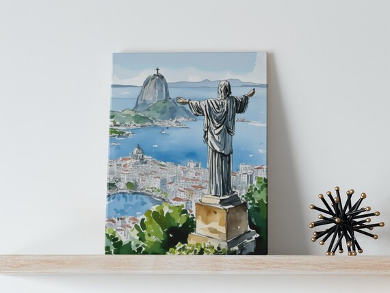 Rio De Janeiro Christ The Redeemer Bay View Watercolor Canvas Wall Art