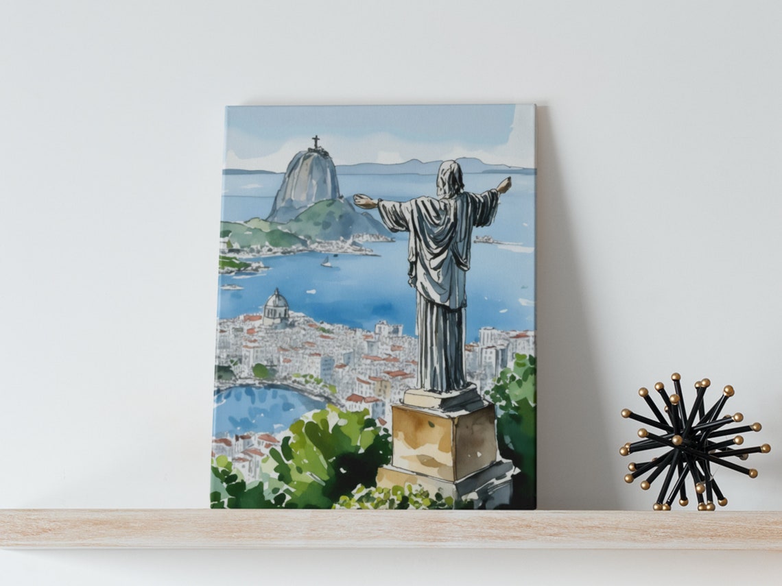 Rio De Janeiro Christ The Redeemer Bay View Watercolor Canvas Wall Art