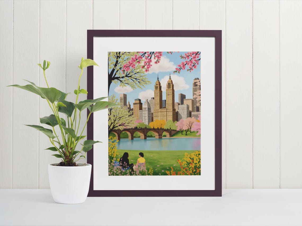 New York City Central Park Spring Cherry Blossom Watercolor Poster