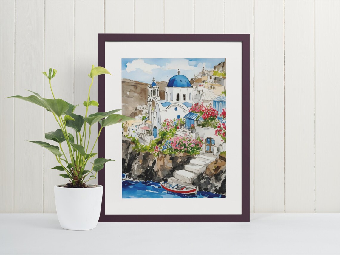 Santorini Watercolor Travel Poster, Greece City View
