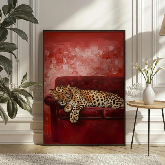 Sleepy Leopard Red Art Print Contemporary Maximalist Wall Decor Digital Download
