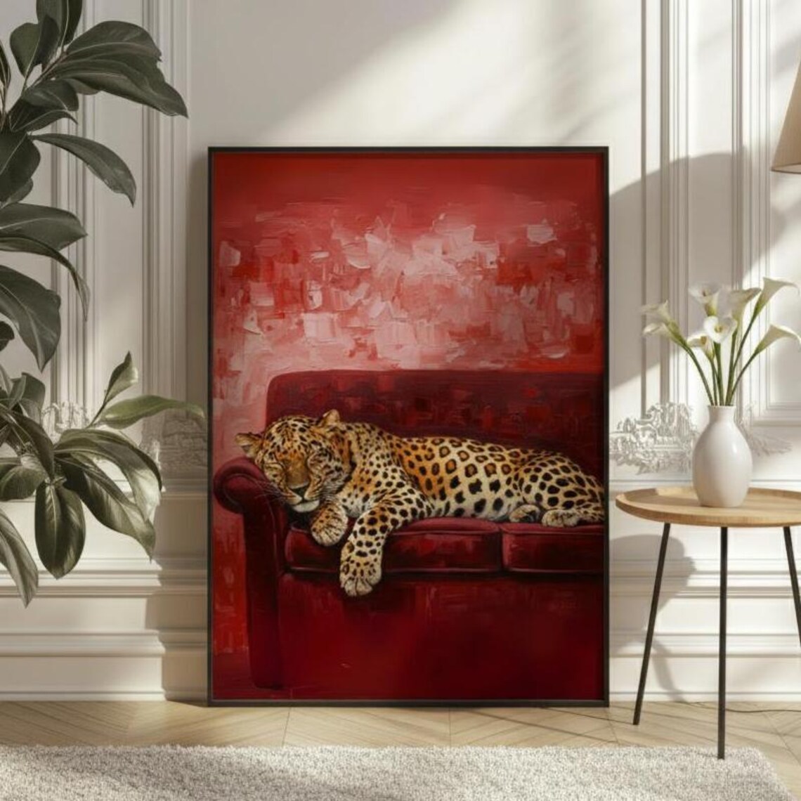 Sleepy Leopard Resting On Red Velvet Couch Maximalist Animal Poster
