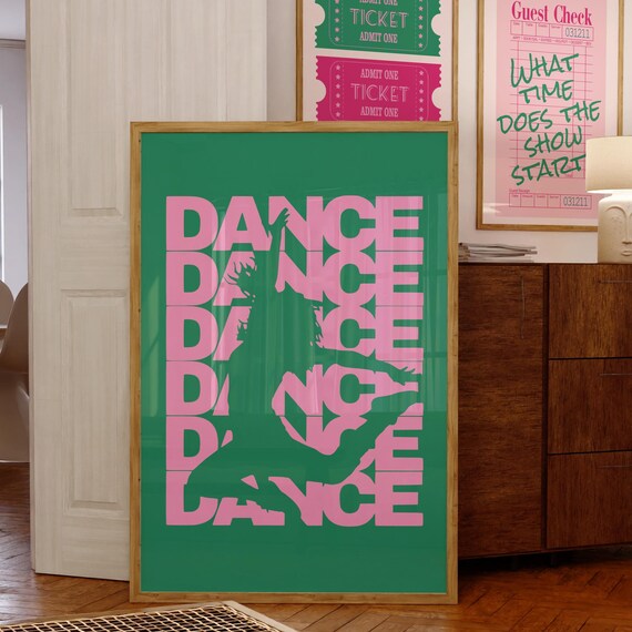 Dance Repeat Pink Green Retro Typography Dancer Silhouette Poster