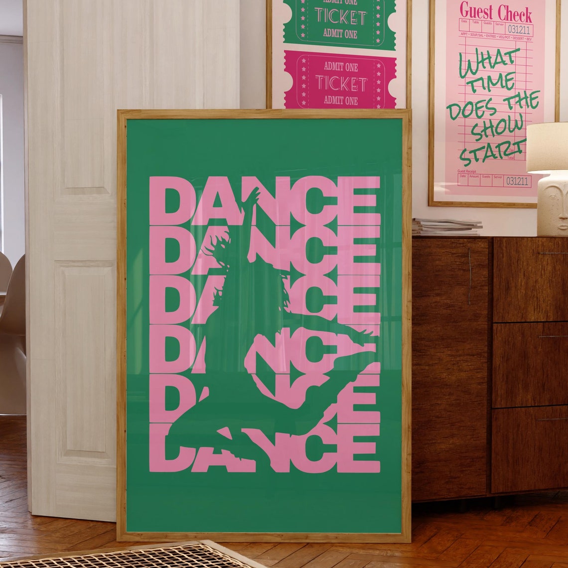 Dance Repeat Pink Green Retro Typography Dancer Silhouette Poster