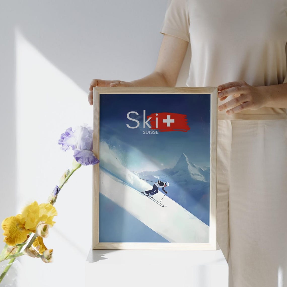 Ski Suisse Downhill Skier Racing in the Alps Travel Poster Art - Image 2
