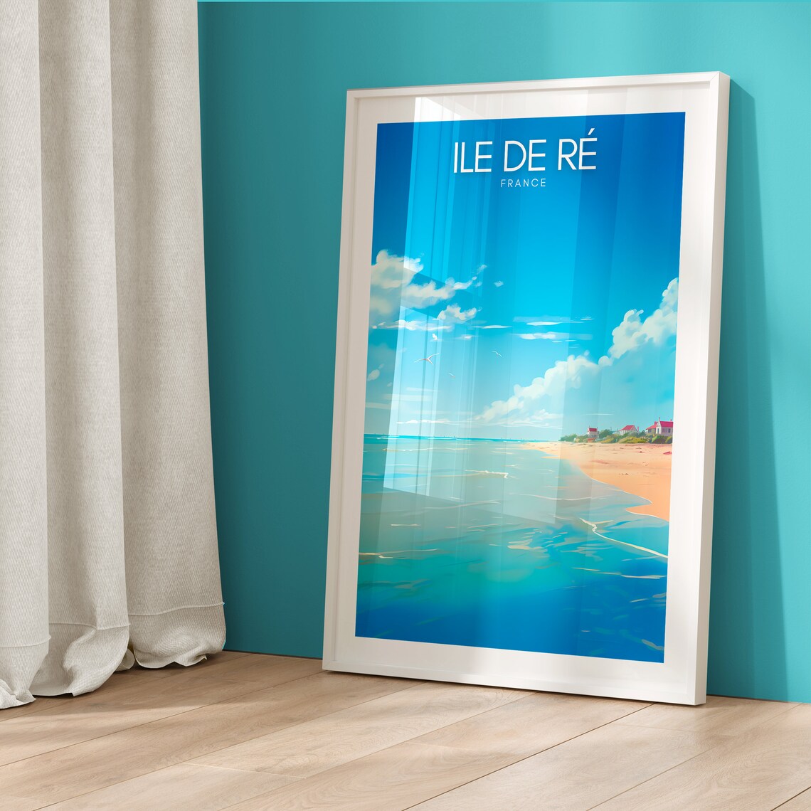 Ile de Ré France Beach Poster with Calm Sea and Soaring Seagulls - Image 5