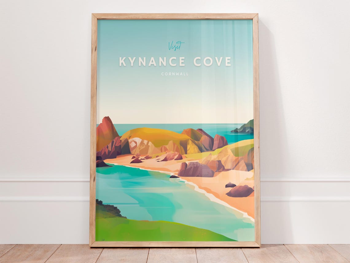 Kynance Cove Cornwall Coastal Cliffs Turquoise Beach Travel Poster