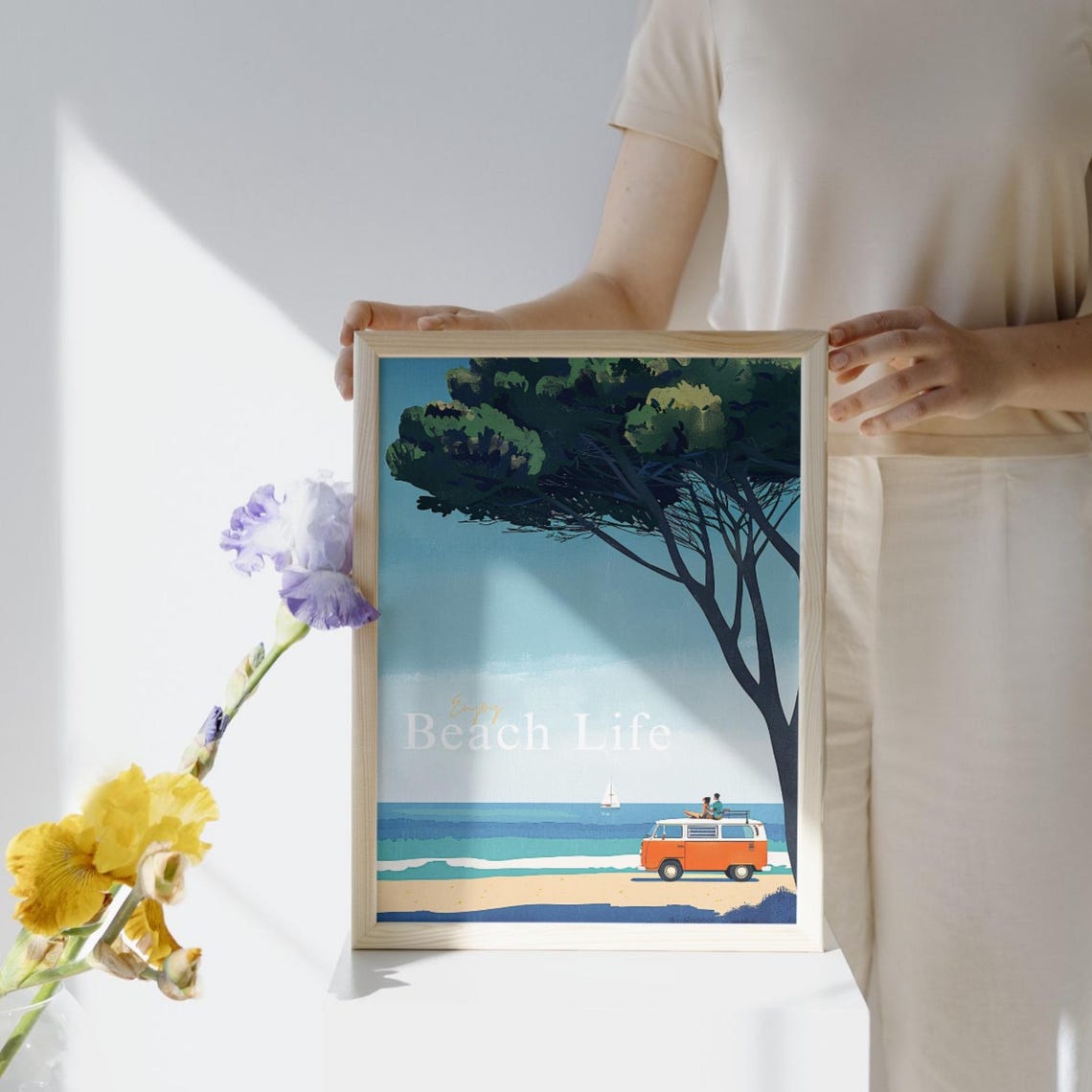 Vintage Orange Camper Van Under Coastal Pines Beach Escape Poster - Image 2