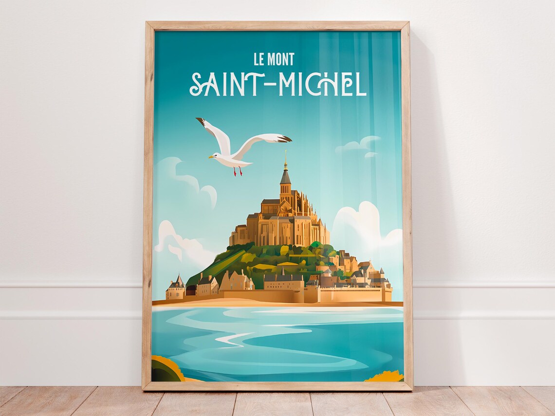 Mont Saint-Michel Seagull Above Abbey Turquoise Sky France Poster