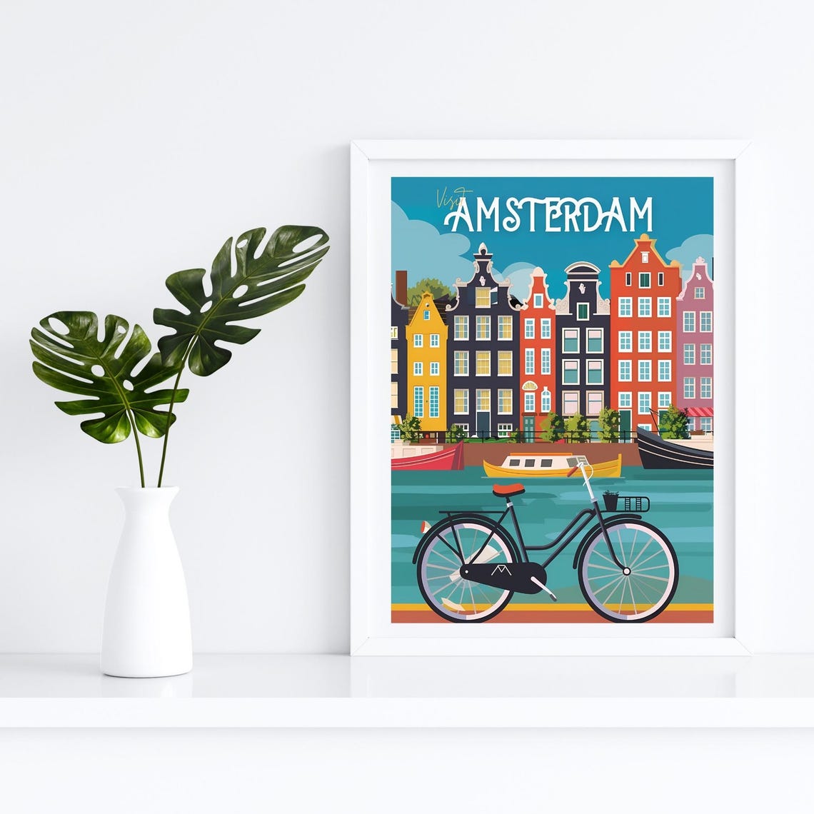 Amsterdam Netherlands Canal Houses Bicycle Flat Art Travel Poster - Image 4