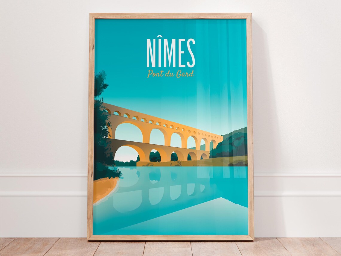 Nimes Pont du Gard Roman Aqueduct France Golden Travel Poster