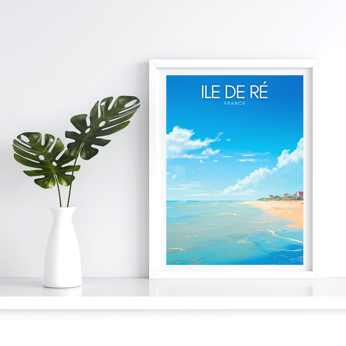 Ile de Ré France Beach Poster with Calm Sea and Soaring Seagulls - Image 4