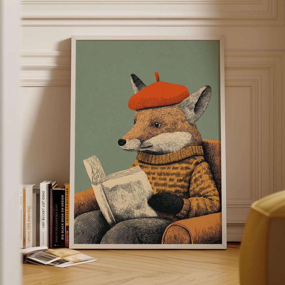 Reading Fox Poster Vintage Animal Illustration Print