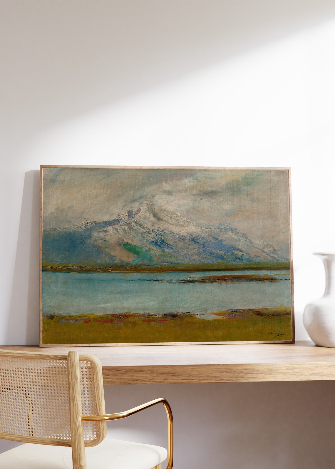 Snow Dusted Misty Mountain Peaks Over Calm Lake Painting Poster - Image 6