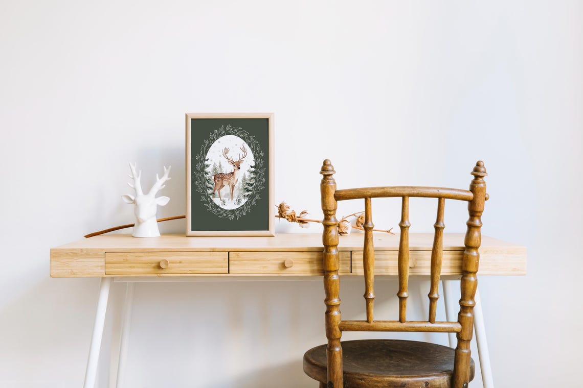 Cute Winter Deer Snowy Forest Oval Christmas Home Decor Poster - Image 3