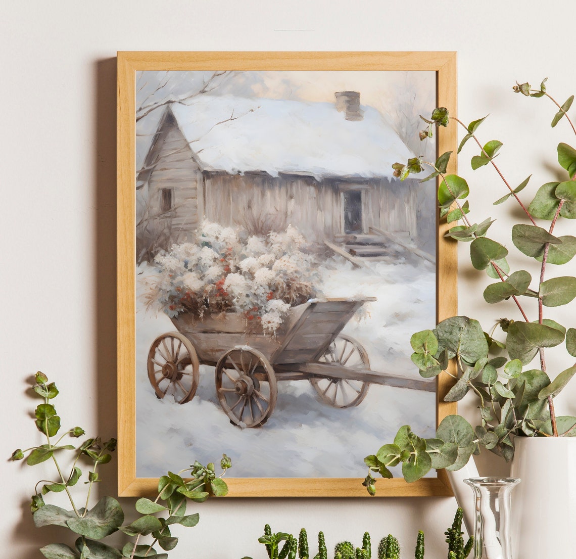 Rustic Snowy Cabin with Winter Wagon Scene Soft Watercolor Poster