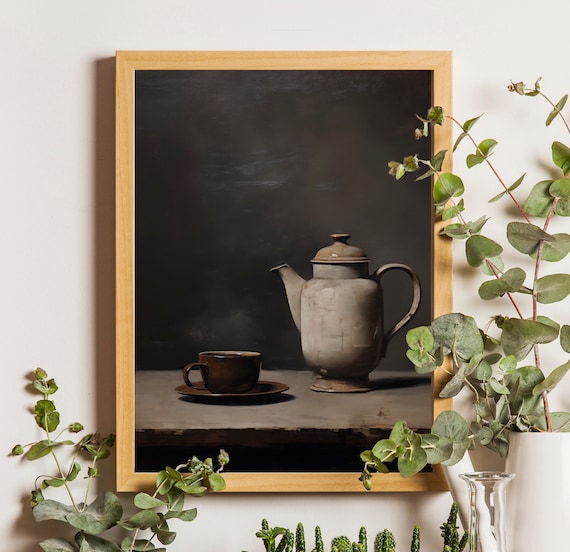 Antique Coffee Pot and Cup with Saucer Moody Rustic Kitchen Wall Art