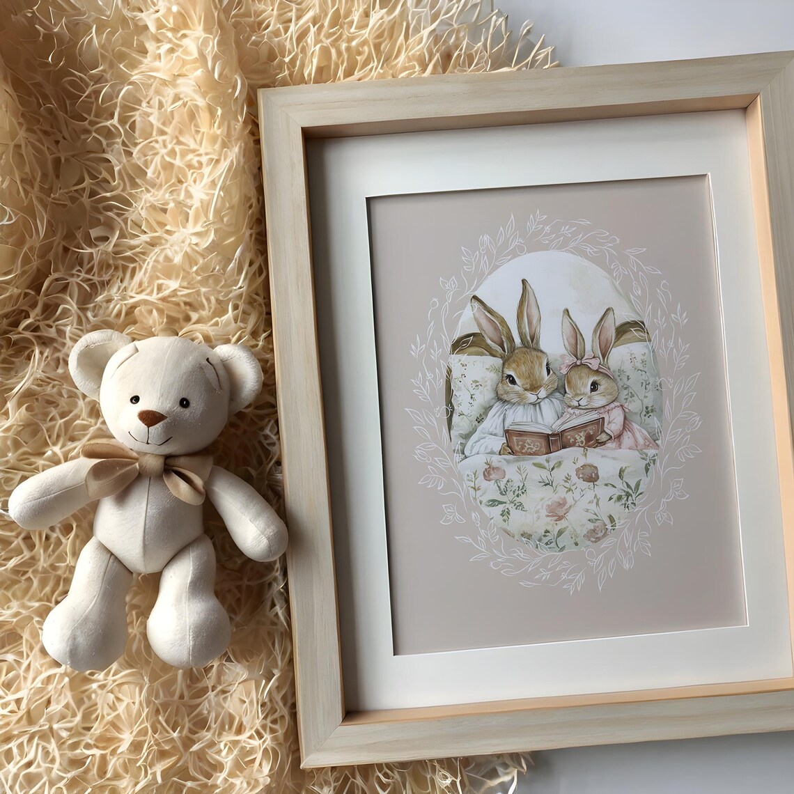 Two Bunnies in Nightgowns Reading a Book in a Floral Bed Poster - Image 6