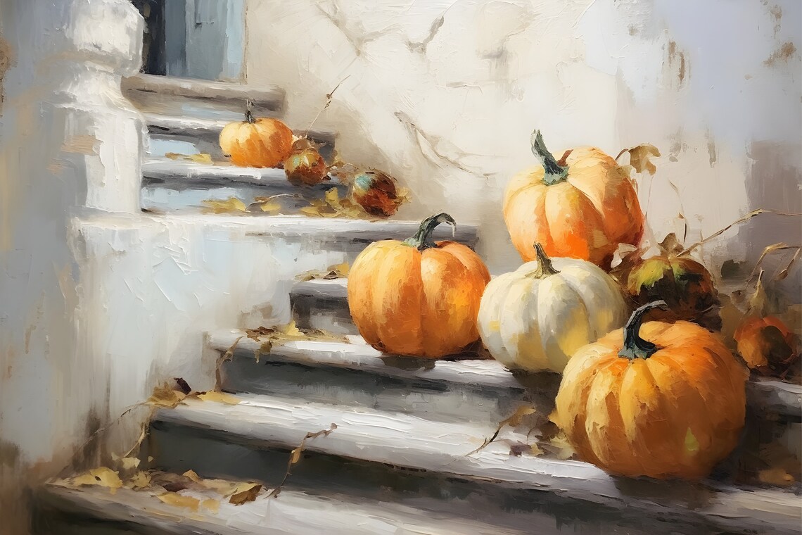 Golden Pumpkins on White Stairs Fall Harvest Painting Poster - Image 2
