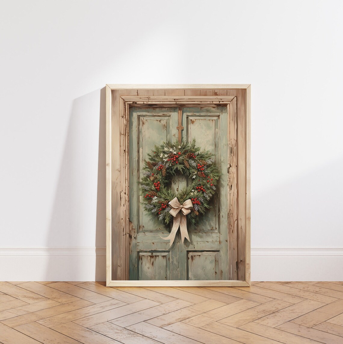 Christmas Wreath with Red Berries on Rustic Sage Green Door Poster - Image 5