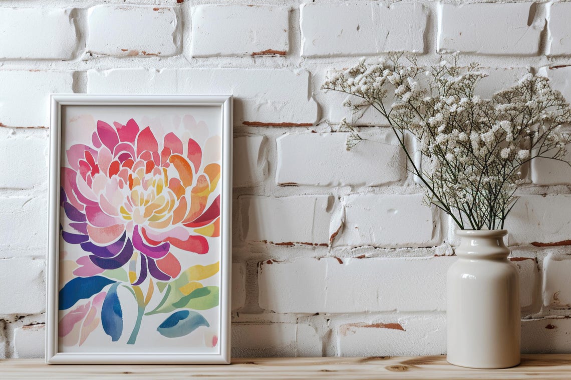 Giant Pink Chrysanthemum Bloom Watercolor Floral Home Decor Poster - Image 4