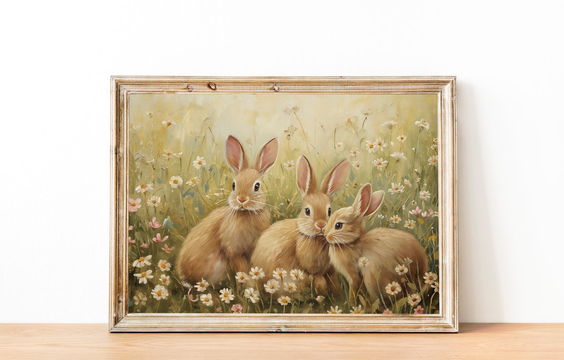 Three Tan Rabbits in a Sunny Daisy Meadow Spring Easter Wall Art - Image 2